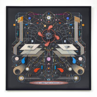 Symmetric composition made of electronic components, 3-D printed elements, copper wires, and natural elements mounted on black painted board.