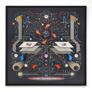 Symmetric composition made of electronic components, 3-D printed elements, copper wires, and natural elements mounted on black painted board.